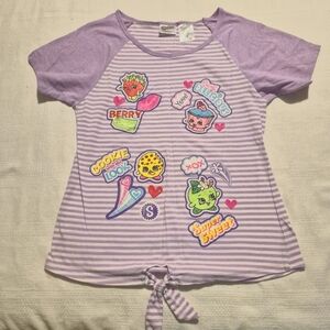 Shopkins girls size XL or 14/16 purple & white short sleeve shirt EUC